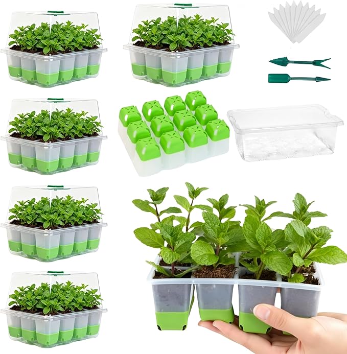Silicone Seed Starter Tray with Humidity Dome, Indoor Seedling Starter Kit, 5-Pack Flexible Germination Trays - Adjustable Vent, Reusable & Dishwasher Safe for Herbs/Vegetables/Flowers