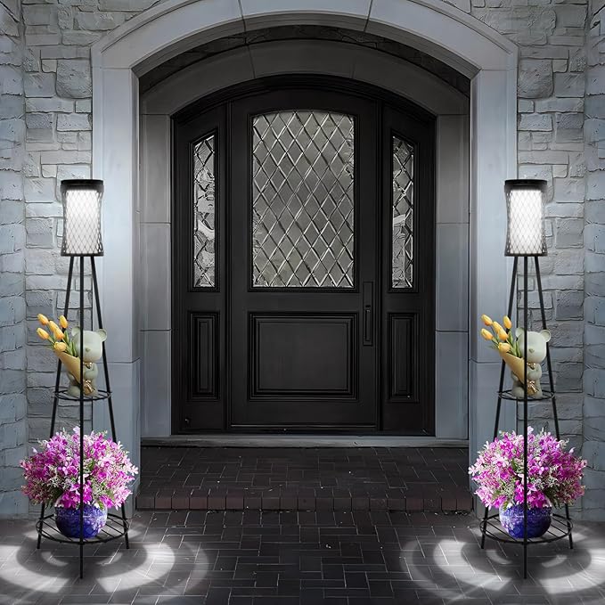 Aialun Outdoor Solar Floor Lamps with USB Charging, 45.67 Inch Tall Double Plant Stand Outside Floor Lamps, Warm & White 3 Modes Standing Decor Lights for Patio, Porch, Deck, Yard, Garden, 2 Pack