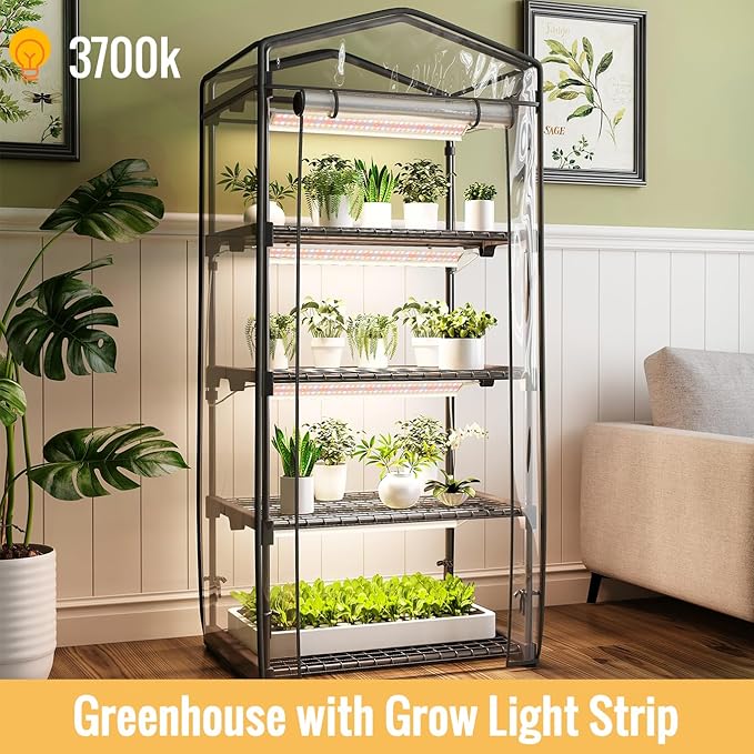 Indoor Greenhouse with Grow Light, 4 Tier, 1.6FT 80W Full Spectrum Grow Light with Timer, Portable Plant Shelves with Waterproof PVC Cover for Seed Starting, 26.4L X 19W X 61H