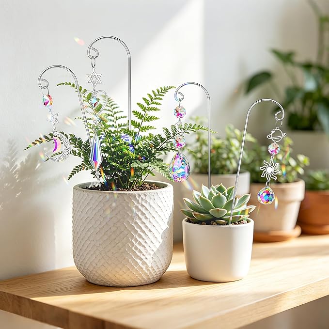 4Pcs Sliver Plant Stake Suncatcher Small Trellis for Mini Potted Plants Golden Plant Stake Sun Catchers Decoration for Garden Home Window Plants Decorations