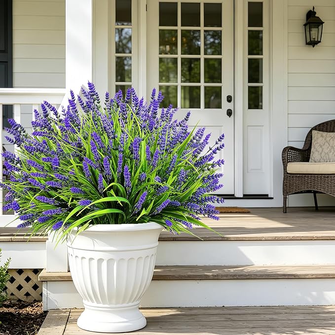 Artificial Flowers Outdoor Faux Lavender & Monkey Grass Fake Plants, UV Resistant for Garden Porch Patio Hanging Planter (12, Purple)