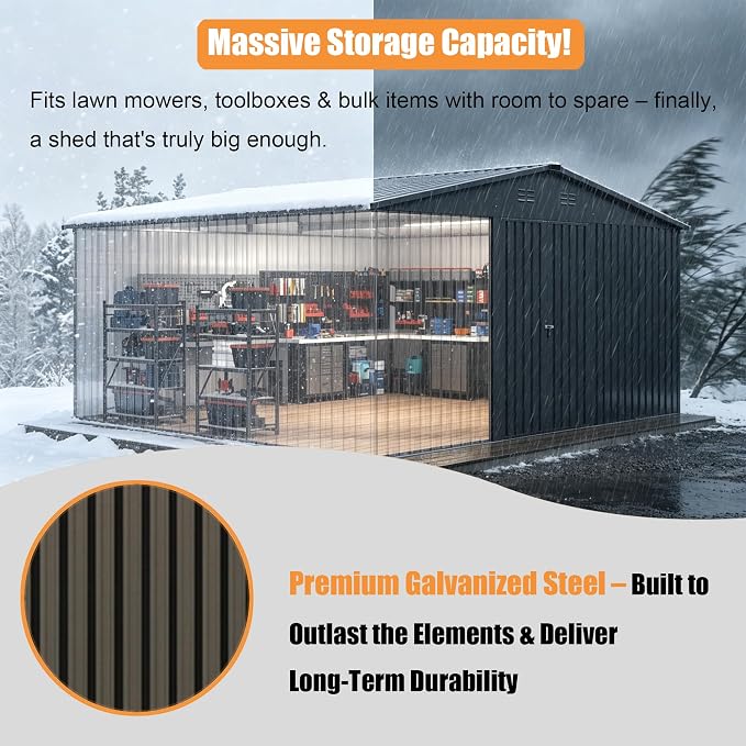 14x12 FT Outdoor Storage Shed, Metal Garden Shed with Lockable Door & Sloped Roof, Large Waterproof Utility Tool Shed for Backyard, Garden, Patio, Lawn, Black