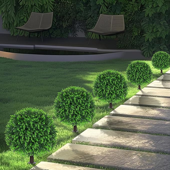 Grooy Artificial Topiary Tree with Eucalyptus, Set of 2 Artificial Shrub Bushes with Ground Spike, Fake Evergreen Tree for Porch, Artificial Plants for Outdoor Planters Indoor UV Resistant