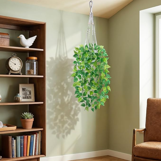 DREAMLOOM Fake Hanging Plants with Pot, Artificial Pothos Hanging Plants with Macrame Hanger for Indoor Decor, Fake Hanging Vines Faux Greenery for Home Kitchen Office