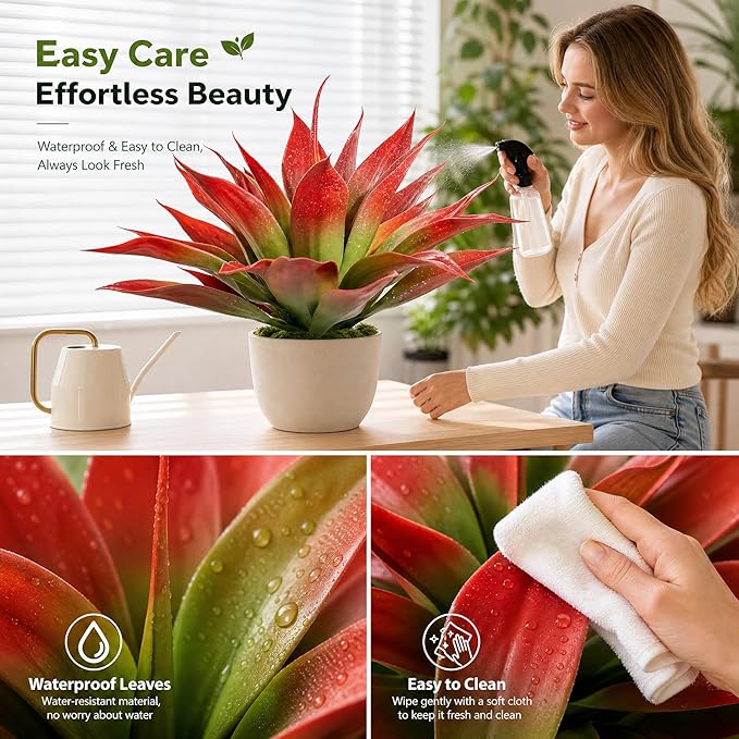 Ttranewsoo Artificial Agave Plants,Large UV Resistant Fake Agave Planters for Indoor and Outdoor Decorating Tropical Plant Succulents Greenery Indoor Decor (2Pack,22" Red)