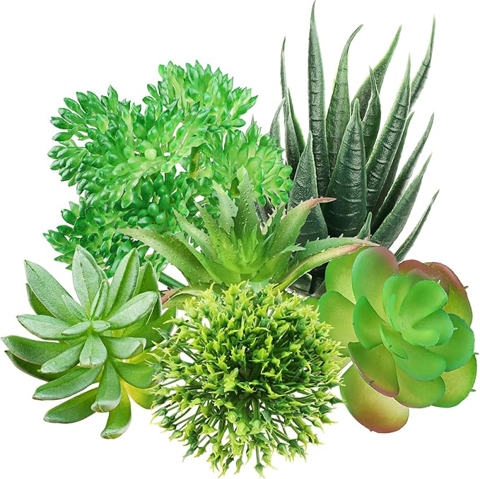 QUOZUO Green Succulent Plants, 6pcs Mini Fake Succulents Plants for DIY Crafting Home Floral Wall Office Decoration (excluding pots)