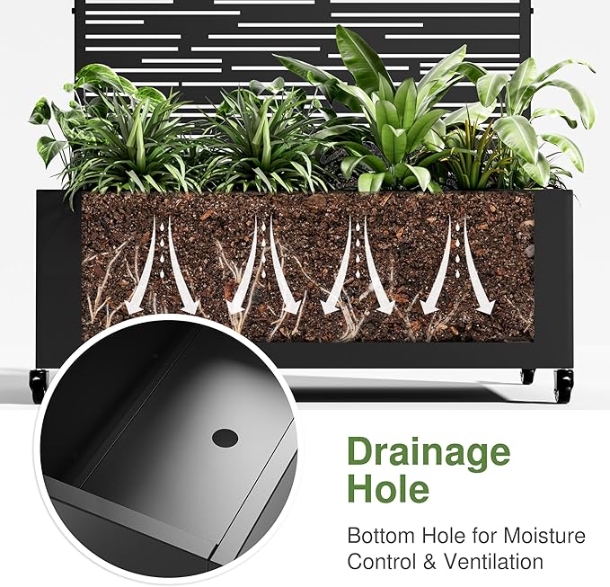 Casaphoria Metal Raised Garden Bed with Trellis and Wheels, 72"x47"x16" Planter Box for Climbing Plants, Vegetables & Vines, Features Drainage Holes and Privacy Screen, Black-Shine