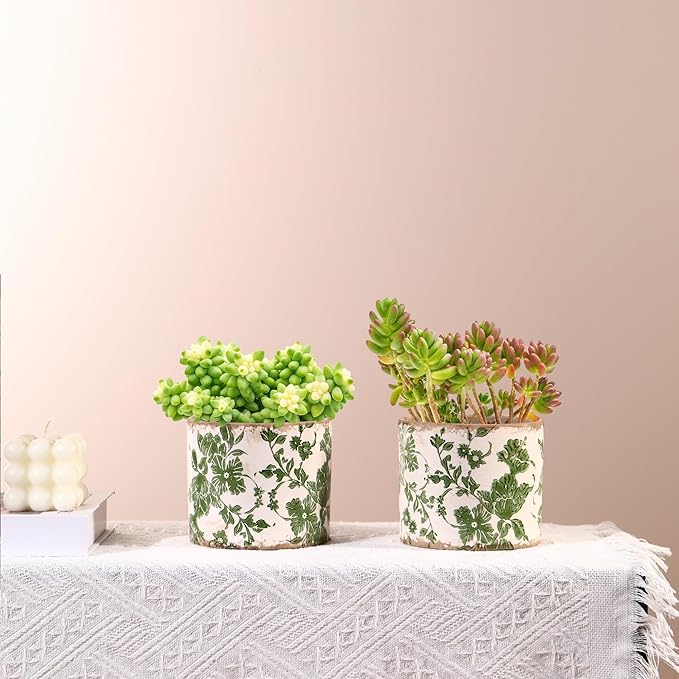 Set of 2 Vintage Ceramic Planters with Drainage Hole, Indoor Flower Pots for Outdoor Garden, Plant Vases, Green Tuscan Planter Set for Home, Gardening, Christmas Decor