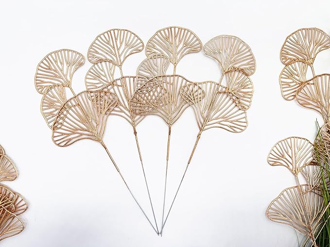 Golden Ginkgo Leaves Stems Christmas Decoration, Artificial Plants Fake Plastic Simulation Apricot Leaf Grass for Wedding Party Indoor Home Office DIY Crafts Flowers Bouquet Xmas Gold Decor - 12 Pack