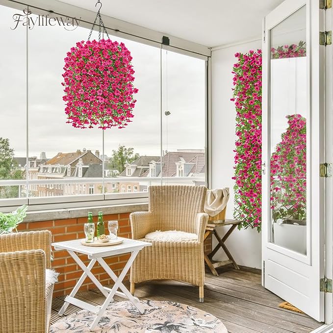 Artificial Hanging Flowers for Outdoors Spring Summer Decoration, 4PCS UV Resistant Silk Fake Hanging Plants for Patio Porch Front Yard Window Garden Indoor Decor(Hot Pink,4PCS)