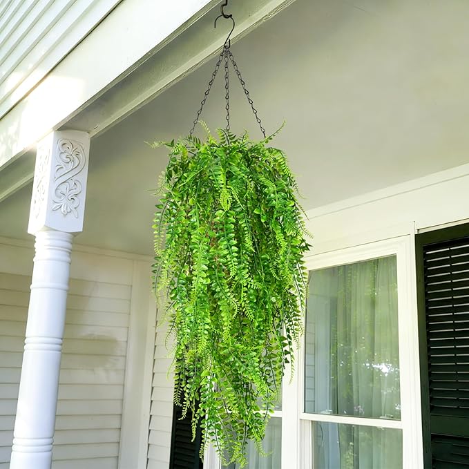Waipfaru 8Pcs Fake Ferns Fake Hanging Plants Artificial Ferns for Outdoors，UV Resistant Plastic Fake Plants for Indoor Wall Porch Wedding Party Holiday Decor