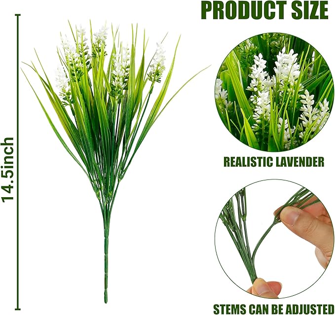 Sggvecsy 24 Bundles Artificial Plants Outdoor Faux Lavender Flowers Fake Monkey Grass UV Resistant Plastic Greenery Plants for Garden Home Porch Window Patio Hanging Planter Indoor Decor (White)