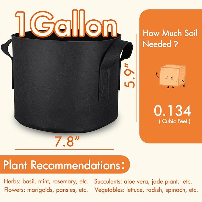 Gardzen 10-Pack 1 Gallon Grow Bags, 300G Thickened Fabric Grow Bags with Handles, Heavy Duty Aeration Plant Grow Bags