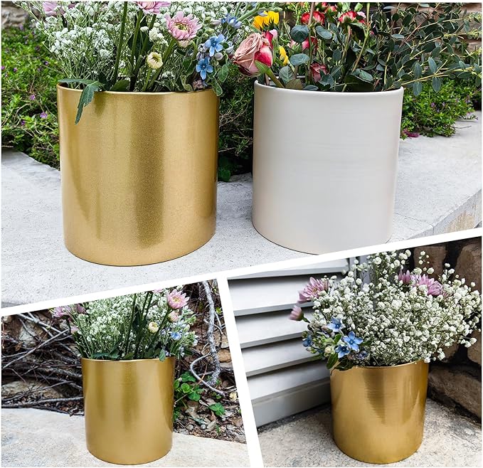 Metal Plant Pot with Drainage Hole,Mid Century Modern 7 inch Round Pot Indoor Outdoor Planters Gift for Decorative Pots of Tabletop Living Room Bedroom Gold