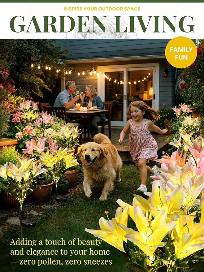 GIGALUMI Solar Garden Lights, 8 Pack LED Lily Garden Decor Carefree Solar Flowers Outdoor Waterproof, Yard Decorations Outdoor, Allergy-Free Light up Flowers for Yard Patio (4Pink, 2White, 2Yellow)