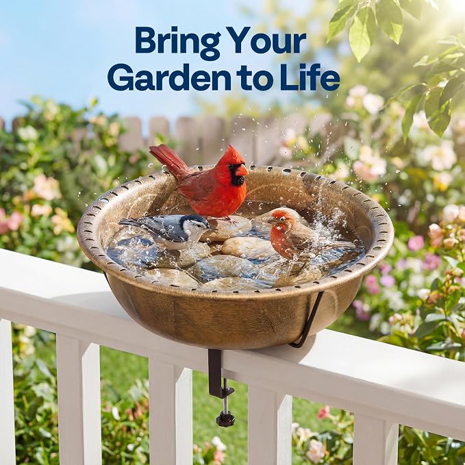 VIVOHOME Deck Mounted Bird Bath for Outside, Weather-Resistant ABS Bird Bath and Feeder with Adjustable Metal Clamp for Railing, Fence, Balcony, 1.45 Gallons, Copper