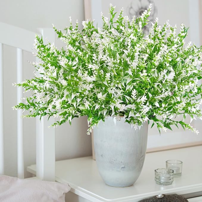 42 Pcs Fake Lavender Flowers Outdoor UV Resistant Faux Plastic Lavender Flowers No Fade Artificial Lavender Purple Plants for Outside Garden Porch Window Box Hanging Planter Decor (White)