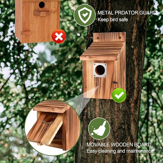 4-Piece Outdoor Bird House Set, Bird Houses for Outside with Metal Guards, Safety Locks, Flight Slots, & Ventilation, Bluebird Houses with 1-1/2" Entrance for Bluebirds, Wrens, Finches