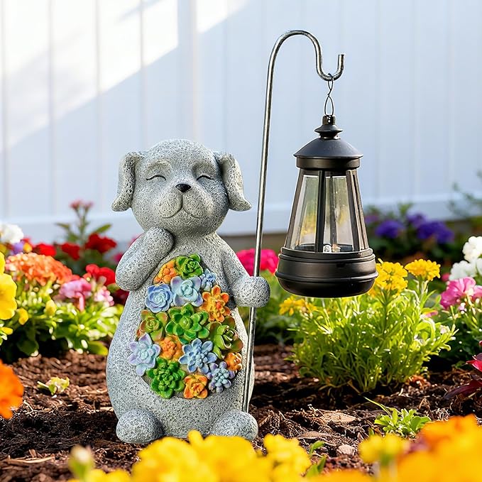 Solar Dog Garden Statue with Lantern – Waterproof Resin Outdoor Decor for Yard, Lawn, Flower Bed, Backyard, Front Yard, Patio, Balcony – Gift for Dog Lovers