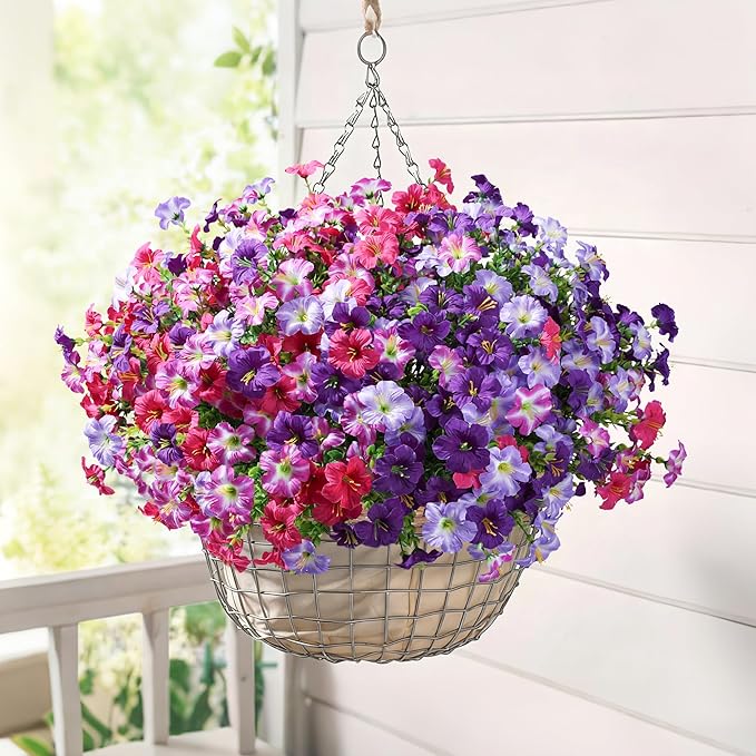 Artificial Flowers for Outdoors Decoration, 20 Bundles Fuchsia Faux Morning Glory with Eucalyptus Look Real UV Resistant Fake Plants Silk Flowers for Outside Yard Gardens Porch Patio Planter Home Urn
