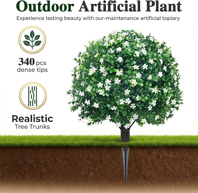 PATIO CHOICE Topiary Trees Artificial Outdoor Boxwood Ball Trees with Ground Spike Set of 2 22" Fake Outdoor Plants Faux Bushes and Shrubs Decorations for Outdoor Indoor Front Porch Garden