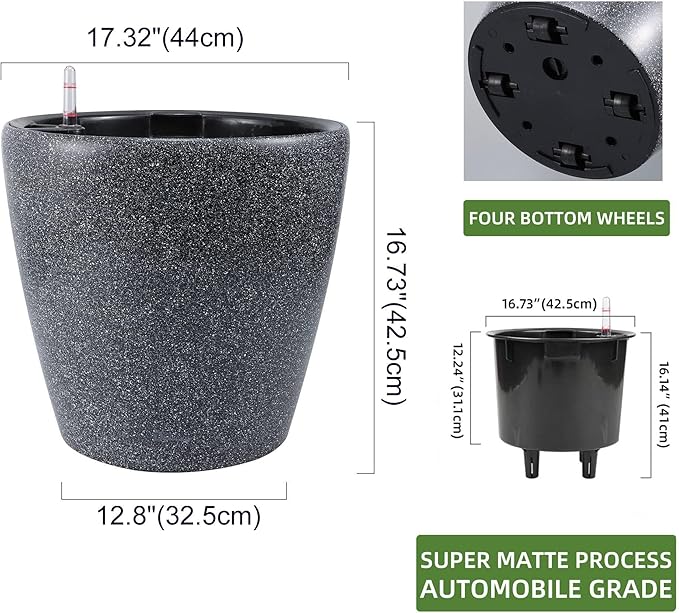 Dexceder 18x17 Self Watering Planter with Wheels (Stone Matte) | Inner Pot Design, Thickened Large Floor Standing Flower Plant Pot with Water Level Indicator Indoor Outdoor
