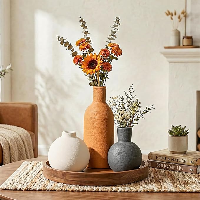 Ceramic Vase Set, Small Rustic Distressed Flower Vases in Pottery Decor, Modern Boho Farmhouse Decor for Pampa Grass, Dried & Fresh Flower, Decorative Vase for Living Room, Kitchen, Entryway, Rust Red