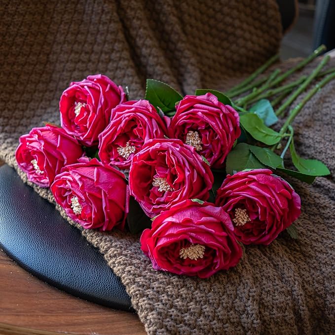 DUYONE Fake Flowers for Decoration Home Decor Artificial Flowers Austin Rose Peony Latex Fake Flower Living Room Decoration Vivid Pink Roses Peonies (Red 4pcs)