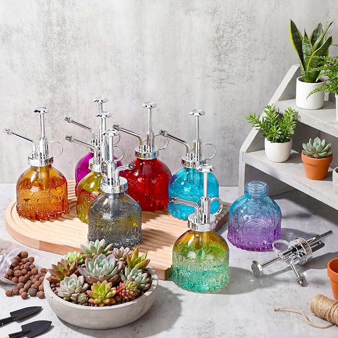 Zopeal 8 Pcs Glass Plant Mister Spray Bottle 200ml Vintage Plant Spritzer Multicolor Succulent Watering Bottle Watering Can 6.4'' with Plastic Top Pumps for Indoor Outdoor Garden Plants (Silver)