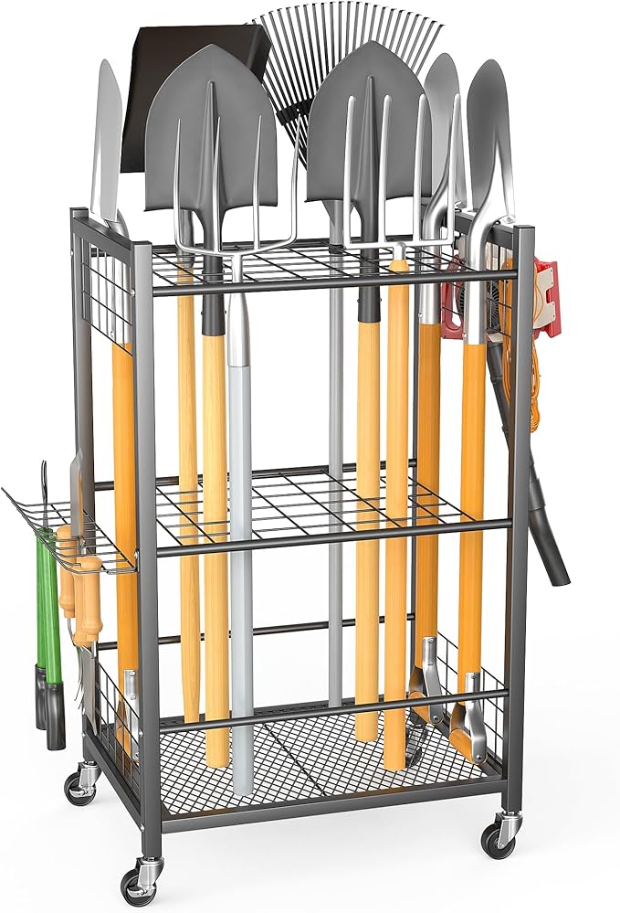 Ultrawall Garden Tool Organizer with Wheels, Yard Tool Storage Stand for Garage, Shed Tool Storage for Rake, Brooms, Tools Rolling Cart Indoor & Outdoor Use
