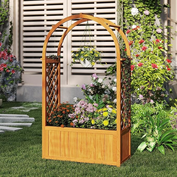 Giantex Set of 2 Raised Garden Bed with Arch Lattice Trellis, for Climbing Vine Flower Vegetable, Wood Planter Box with Liner & Drainage Design, Outdoor Plant Container for Yard Balcony (33"x15"x57")