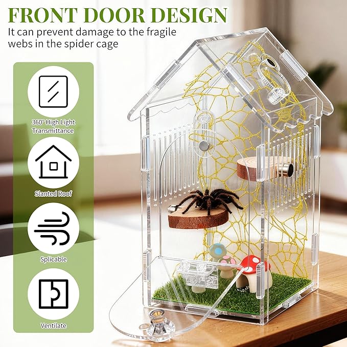 Hysagtek Jumping Spider Enclosure - Acrylic Arboreal Tarantula Enclosure Small Reptile Terrarium with Magnetic Door, Clear Jumping Spider Enclosure Accessories