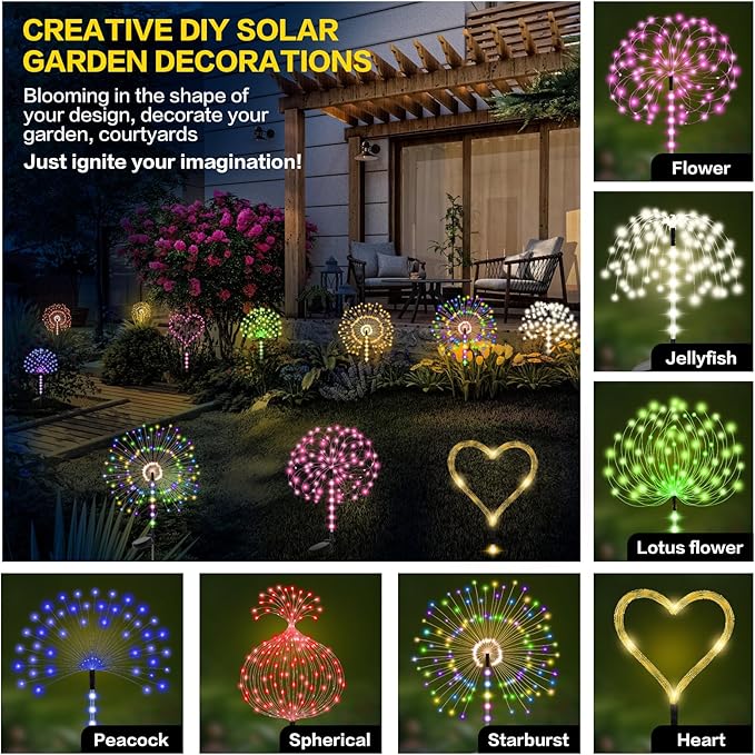 2 Pack 250LED Solar Garden Lights Outdoor, Dual Lighting Modes Firework Lights Solar Powered, Waterproof Twinkle Fairy Light Outside for Yard Patio Pathway Christmas Party Decorative（Warm White）