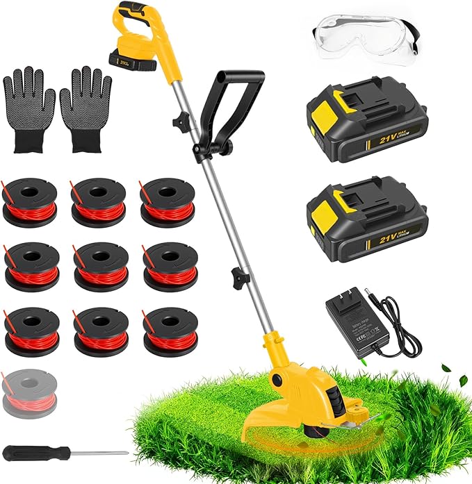 21V Cordless String Trimmer & Edger, 12" Auto-Feed Grass Cutter with 2.0Ah Battery & Fast Charger, 2-in-1 Electric Lawn Tool Includes 10 Lines for Garden and Yard Maintenance-Yellow