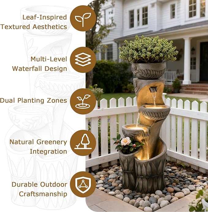 4 Tiered Water Fountain Outdoor, 35.6" Tall Cascading Bowl Leaf Carved Outdoor Waterfall Fountains Modern Water Feature with Dual Planters for Garden, Patio,Deck, Yard, Indoor Decor