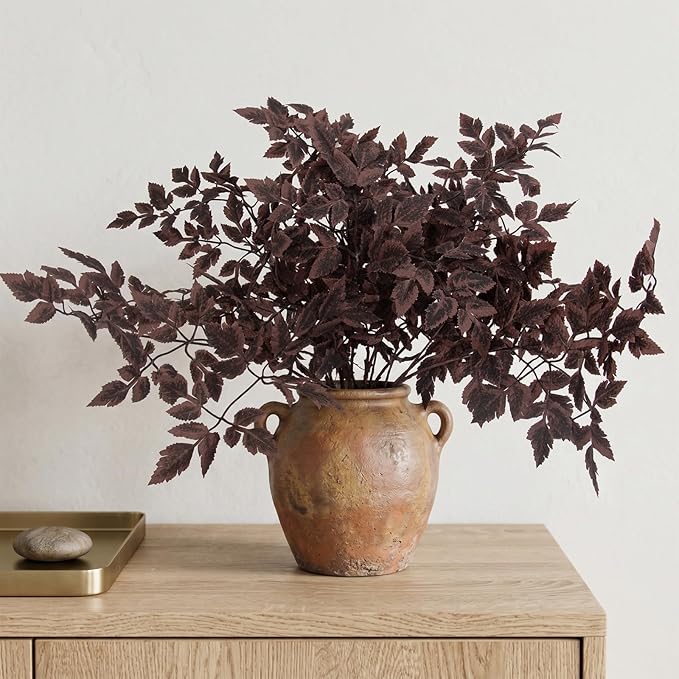 Daynight Artificial Cimicifuga Plants with Fall Leaves Faux Fall steams Greenery Branch for Vase, Table, Thanksgiving, Autumn Halloween Centerpiece Decor (8, Chocolate)