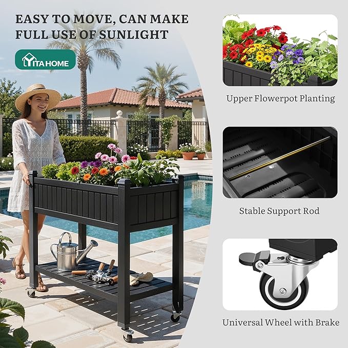 YITAHOME 42.5x17.3x35.4 in Raised Garden Bed, Outdoor Plastic Planter Box with Wheels, Legs, Drain Plug, and Storage Shelf for Plants, Vegetables, Flowers, Herbs, Black