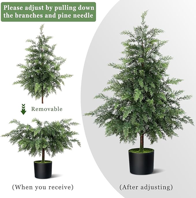 3FT Real Touch Cedar Topiary Trees for Front Porch Decor, Artificial Shrubs Faux Plants Potted UV Resistant Fake Greenery for Outdoor Indoor Door Garden Farmhouse Home Decoration (Set of 2)