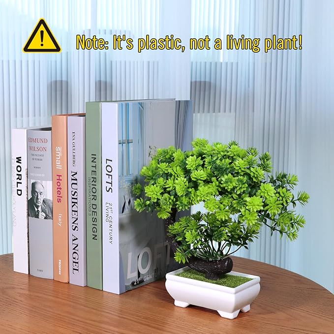 Fake Plants Small Artificial Bonsai Tree for Home Decor Living Room Bathroom Bookshelf Entryway Table Wall Shelf Modern Farmhouse Decor, 8.5" Tall, Green