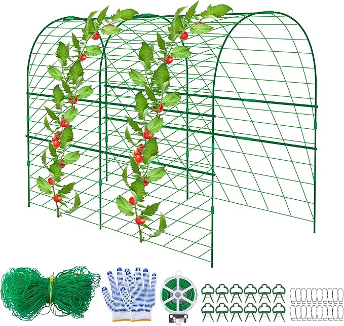 codree Garden Cucumber Trellis for Plant -47x 47 Inch Metal Arch Melon Trellis for Raised Bed -Foldable Tunnel Trellis with Climbing Net Clips for Growing Vine Vegetable