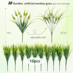 Artificial Plants for Outdoors, 10 Bundles Fake Monkey Grass with White Spring Flowers, Faux Plants Outdoor UV Resistant Realistic Greenery for Garden Window Patio Hanging Porch Home Decoration