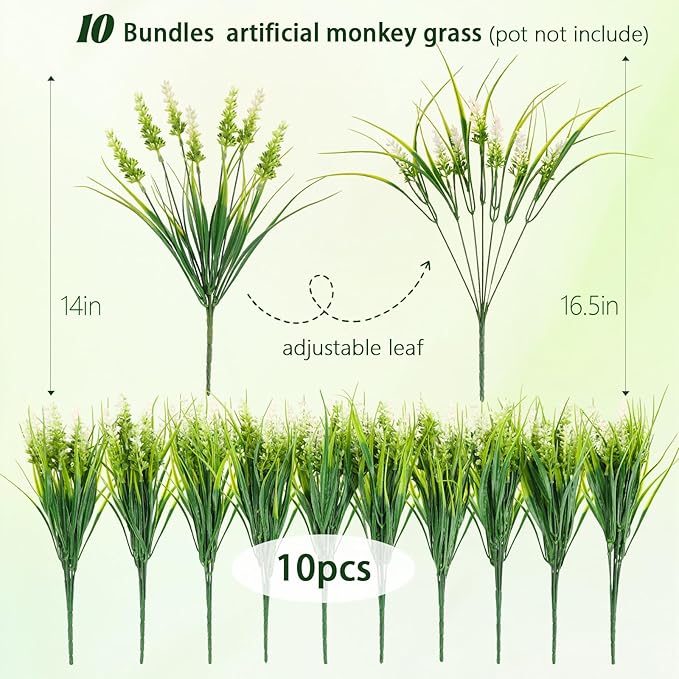 Artificial Plants for Outdoors, 10 Bundles Fake Monkey Grass with White Spring Flowers, Faux Plants Outdoor UV Resistant Realistic Greenery for Garden Window Patio Hanging Porch Home Decoration