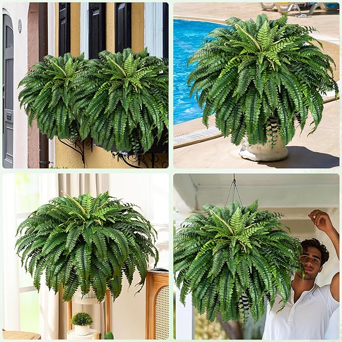 MARTINE MALL 2Pcs 48''/ 88 Leaves XXL Large Fake Ferns Artificial Ferns for Outdoors, UV Resistant Faux Boston Fern for Outdoor Planter Realistic Hanging Artificial Fake Plants for Porch Patio