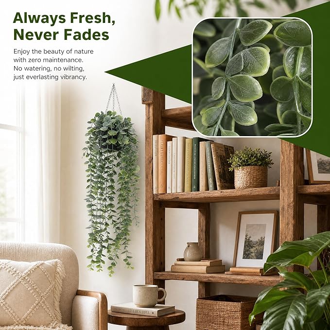 HIHADUUM 3PCS Artificial Hanging Plants with Pots, Faux Hanging Plants Indoor Outdoor, Fake Eucalyptus Vine Plants for Wall Shelf Bathroom Bedroom Living Room Balcony Home Decor