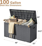 Devoko 97 Gallon Deck Box, Waterproof Resin Outdoor Storage Box for Outside and Patio, Large Outdoor Storage Bench Cabinet Lockable for Patio Furniture, Garden Tools and Pool Supplies (Gray)