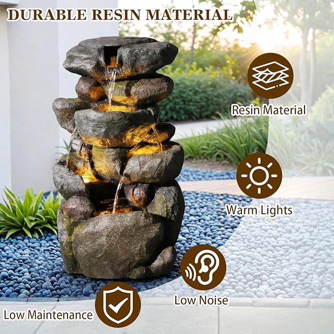 Sunlinua 28.6" H Outdoor Water Fountain with 4 Tiers Cascading Realistic Rock Waterfall Fountains with LED Lights Outdoor Water Fountain for Garden Patio Backyard Porch Home Decor