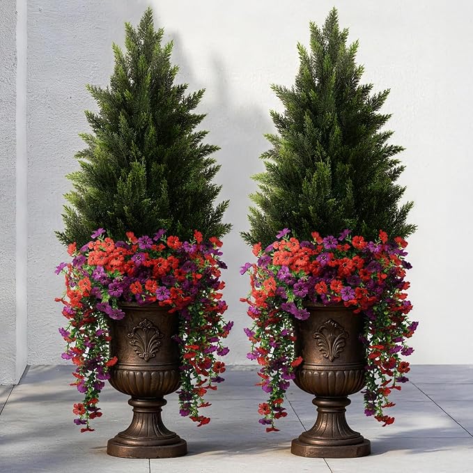 Artificial Topiary Cedar Trees 3FT Tall 2 Set with 12 Bundles Faux Silk Flowers, Outdoor Indoor Faux Pine Shrubs Plants, Fake Bushes Plants for Home Front Porch Door Patio