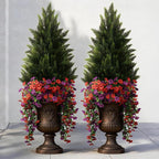 Artificial Topiary Cedar Trees 3FT Tall 2 Set with 12 Bundles Faux Silk Flowers, Outdoor Indoor Faux Pine Shrubs Plants, Fake Bushes Plants for Home Front Porch Door Patio