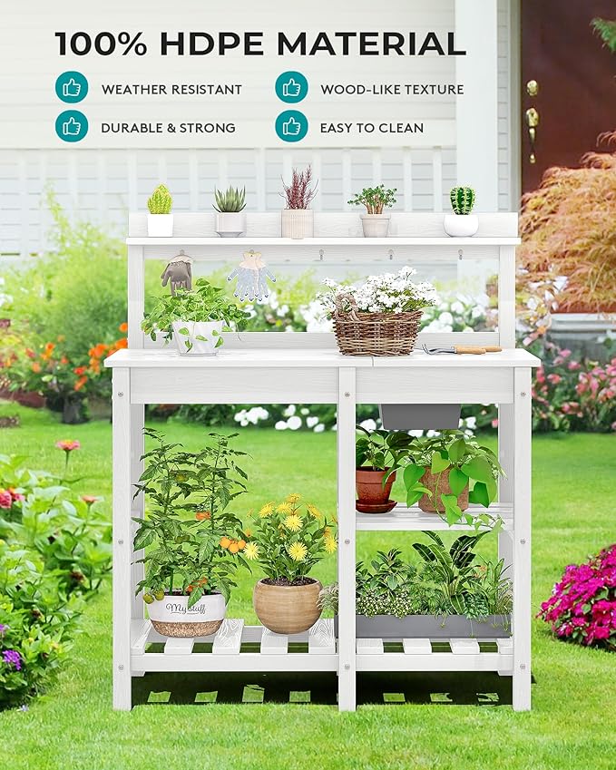 SERWALL Outdoor Potting Bench with Removeable Sink,Rot-Resistant HDPE Potting Table for Outside Gardening, All Weather Use - White