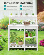 SERWALL Outdoor Potting Bench with Removeable Sink,Rot-Resistant HDPE Potting Table for Outside Gardening, All Weather Use - White
